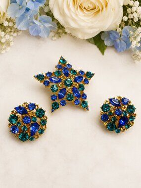 Vintage MJENT Star and Moon Rhinestone Gold Plate Brooch Earrings Designer Set